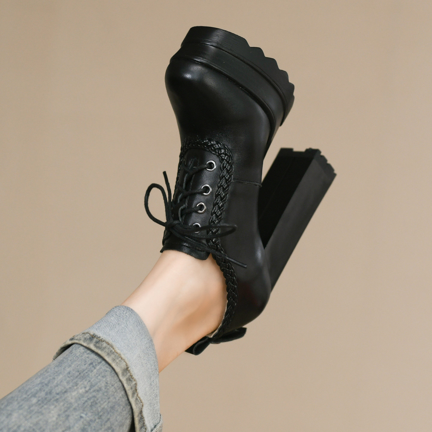 13cm圆头厚底超高跟鞋女秋季款头层牛皮系带防水台深口粗跟单鞋女,淘宝优惠券,粉丝福利购,淘宝优惠卷