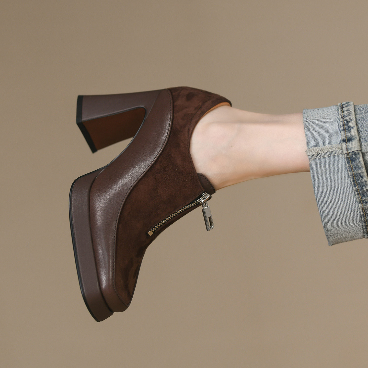 2025年秋季新款超高跟羊反皮粗跟方头厚底拉链一脚蹬深口单鞋女,淘宝优惠券,粉丝福利购,淘宝优惠卷