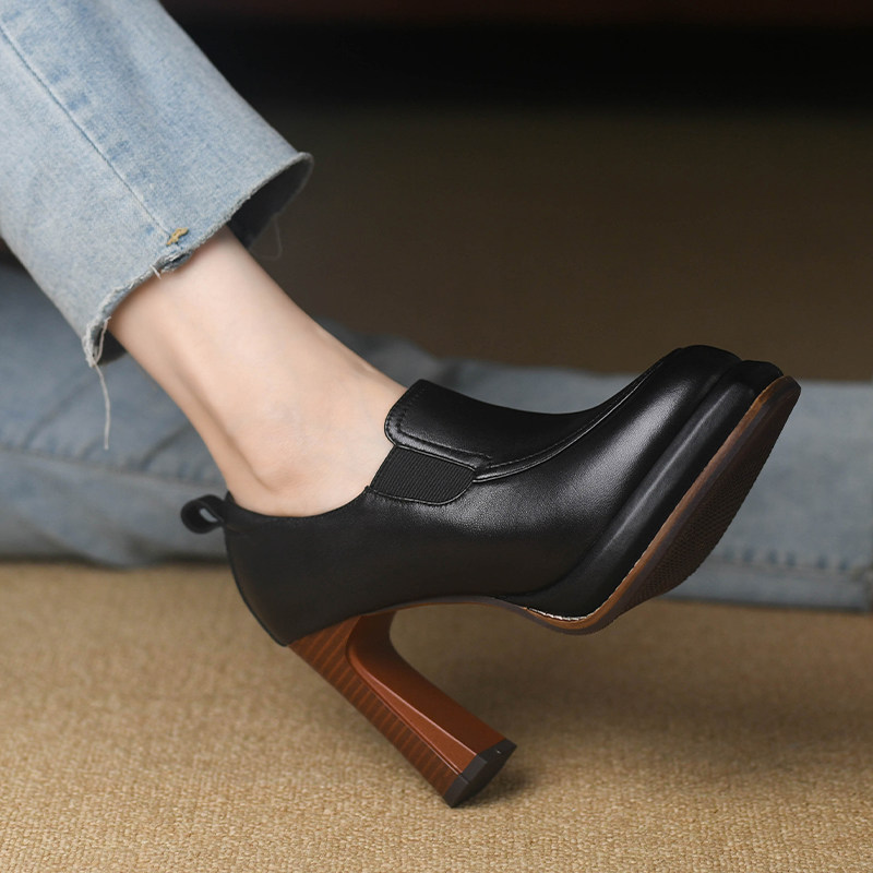 棕色深口单鞋女粗跟春秋防水台真羊皮拉链复古方头高跟鞋女9.5cm,淘宝优惠券,粉丝福利购,淘宝优惠卷