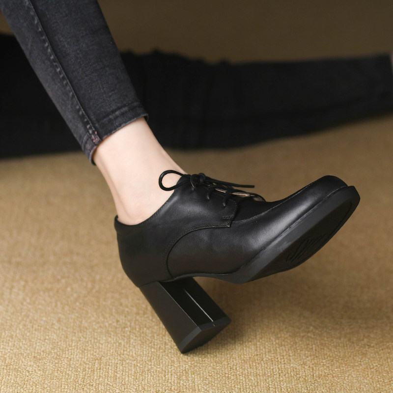 复古圆头深口单鞋女2024新款春季真皮系带小皮鞋黑色高跟鞋女粗跟,淘宝优惠券,粉丝福利购,淘宝优惠卷