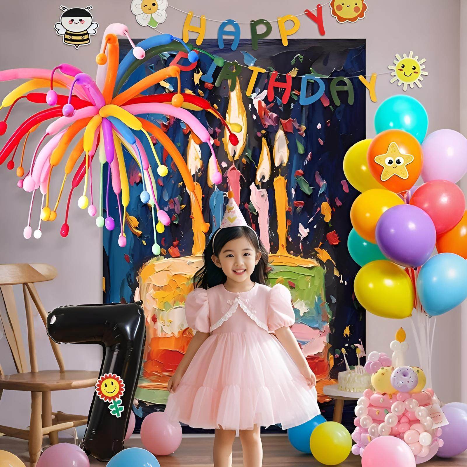 男女孩生日场景布置装饰宝宝儿童周岁礼宴会烟花气球背景油画挂布,淘宝优惠券,粉丝福利购,淘宝优惠卷