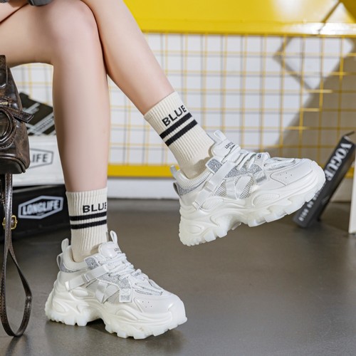 真皮炸街水钻厚底老爹鞋女春夏新款网面透气松糕鞋增高运动休闲鞋 - 图1