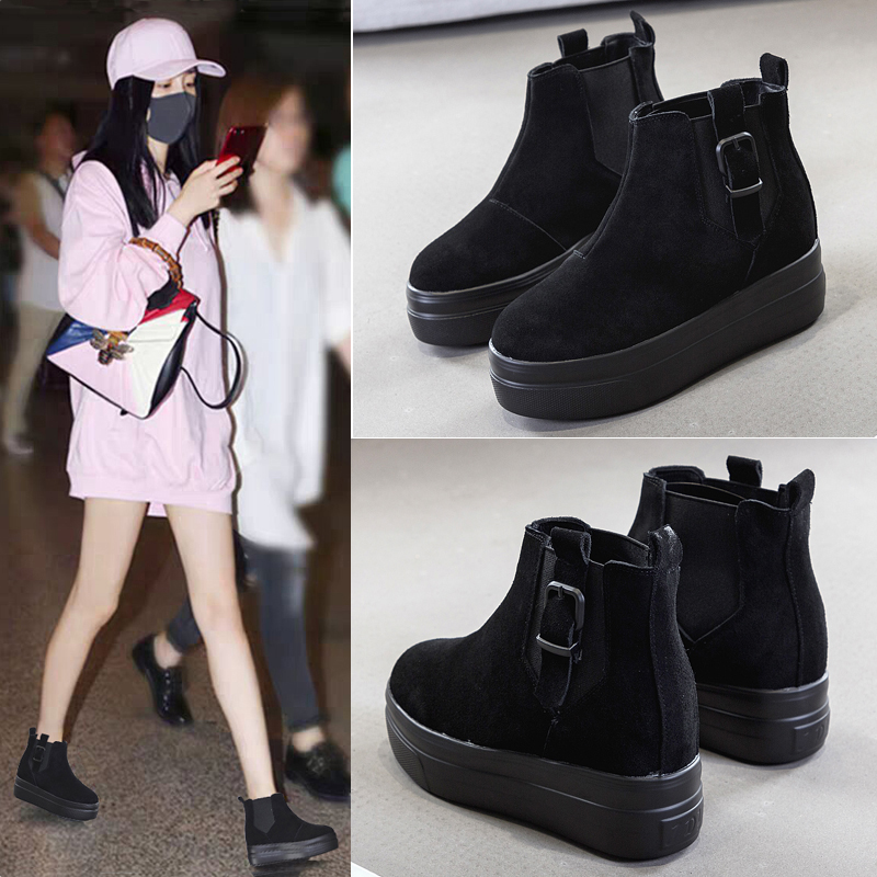 磨砂皮内增高短靴女秋冬新款厚底马丁靴百搭黑色小码松糕切尔西靴 - 图0