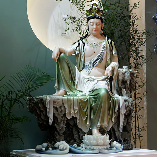 汉白玉水月观音家用供奉观音菩萨佛像客厅禅意自在观音像佛堂摆件_虎窝淘