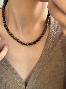 虎眼石串珠女棕色圆珠项链锁骨链