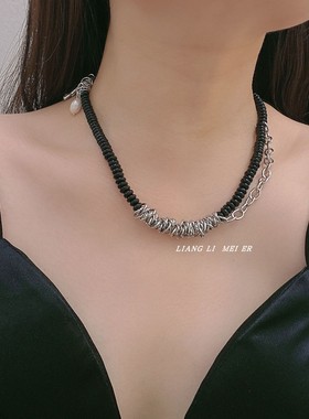 珍珠拼接串珠链女黑色项链