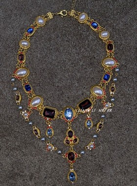 金属珍珠多层女中古宝石流苏项链