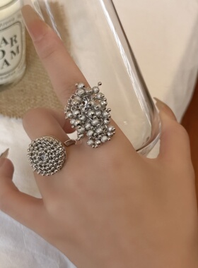 金属银色米珠手工编织开口戒指女