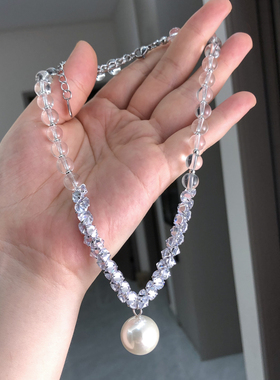 冰透水晶圆珠锆石闪钻珍珠坠项链
