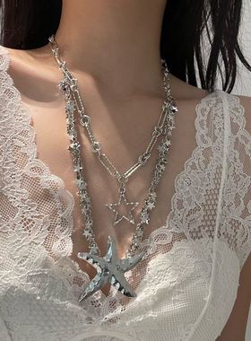 冷淡风双层叠戴银片片五角星项链