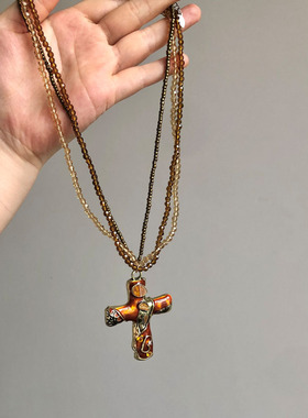 美拉德复古十字架多层串珠项链