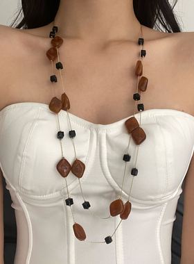 不规则几何树脂棕色水晶叠戴项链