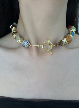 陶瓷串珠拼接彩色复古项链锁骨链