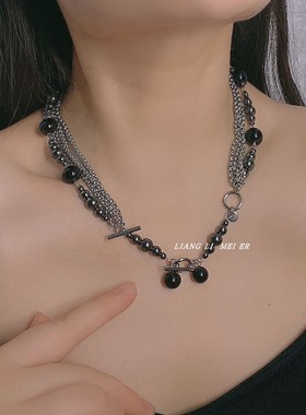 钛钢多层拼接女渐变黑串珠锁骨链