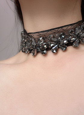 choker闪亮碎钻纯欲黑色蕾丝项链