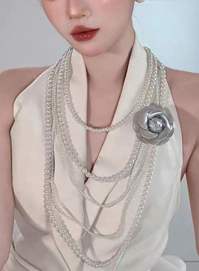 山茶花珍珠多层项链长款毛衣链