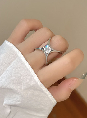 金属锆石闪钻方形芒星开口戒指女