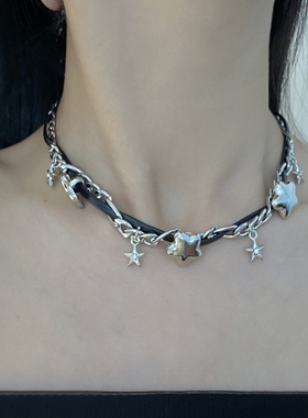金属皮质编织女星星流苏项链颈链