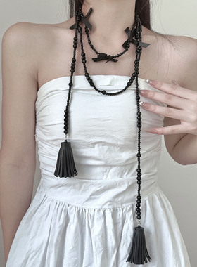 蝴蝶结叠戴大小黑珠流苏长款项链