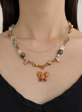 民族风天然碎石水晶串珠蝴蝶项链