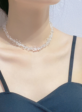 超仙锆石不规则水晶串珠质感项链细款蝴蝶气质简约锁骨链双层颈链
