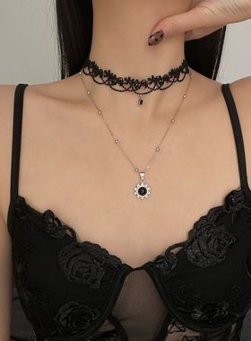 复古黑色系蕾丝叠戴太阳花坠项链