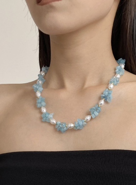 拼接海蓝宝碎石珍珠串珠项链