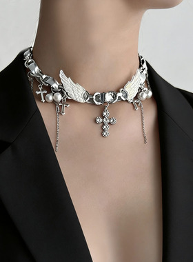 y2k甜酷风翅膀十字架choker颈链
