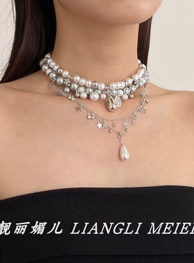 哥特风双层叠戴珍珠流苏星星项链