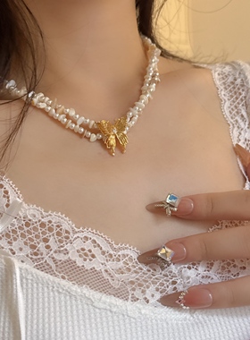 镶钻蝴蝶异形不规则珍珠双层项链