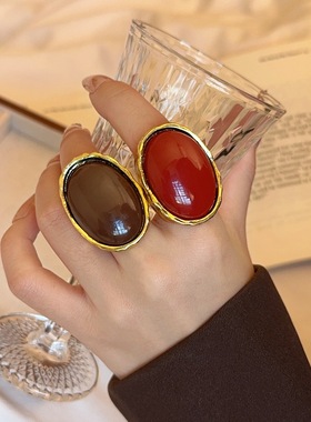 夸张椭圆棕红宝石树脂开口戒指女