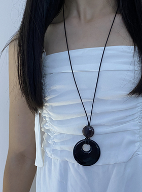 玛瑙石皮绳女圆环仿石项链长款