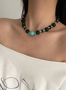 黑蓝时尚串珠小众天然绿松石项链