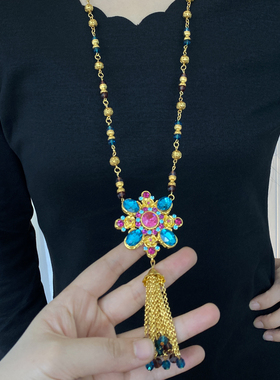 金属流苏串珠彩宝石钻花毛衣项链