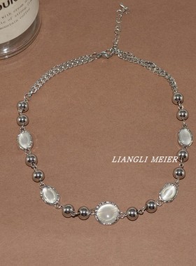 金属链拼接女猫眼宝石项链颈链