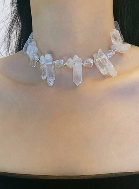 水晶串珠透明不规则石项链锁骨链