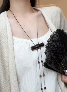 棕色水晶串珠竹节流苏吊坠项链