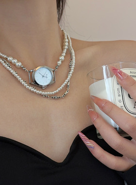 多层叠戴十字架大小珍珠串珠项链