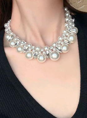法式闪钻多层珍珠choker项链女