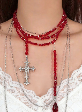 多层水晶流苏镶钻十字架项链女