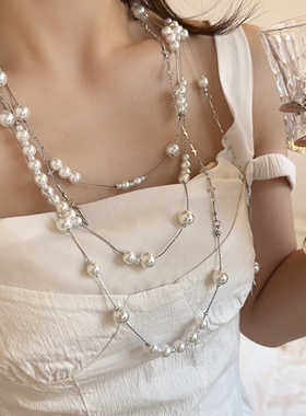 不规则长款破碎多层珍珠项链女