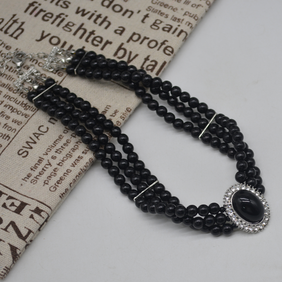 法式复古暗黑chocker黑色珍珠串珠闪钻多层项链锁骨链女叠戴配饰 - 图1