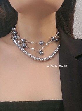 珍珠叠戴多层女灰色串珠毛衣项链
