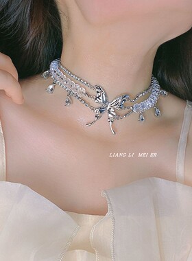 金属多层女水晶镶钻流苏项链