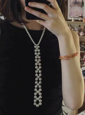 复古轻奢长款编织珍珠领带项链女