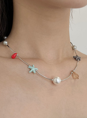 多巴胺彩色琉璃金属海星珍珠项链