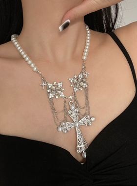 夸张珍珠十字架流苏镶钻项链女