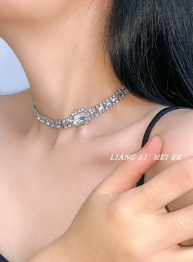 镶钻方块水晶女拼接闪钻锁骨项链