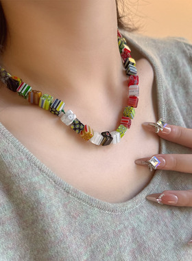 新款多巴胺彩色千花琉璃珠项链女