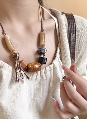 新中式树脂木质几何串珠项链女